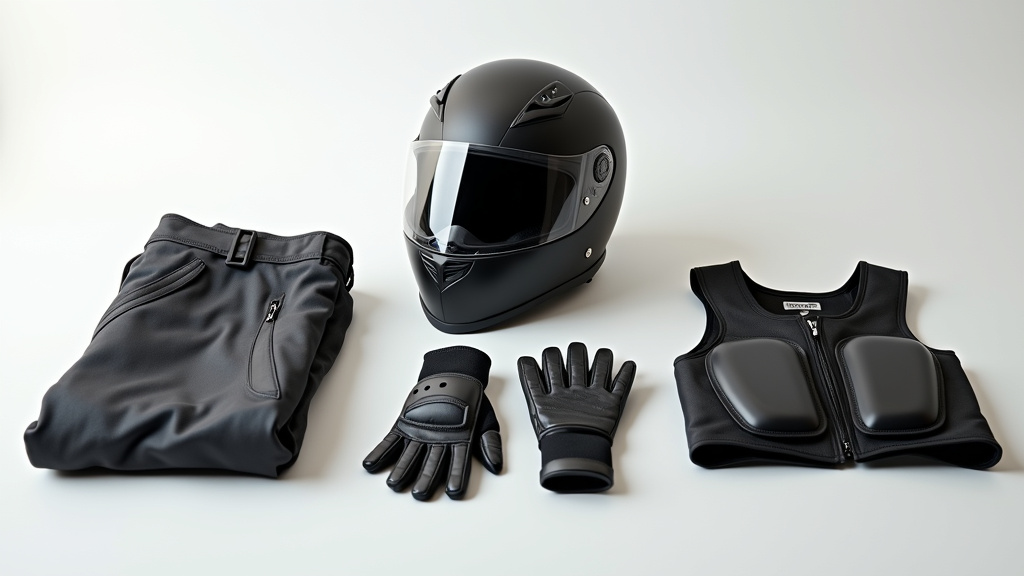 Équipements moto complets : blouson, pantalon, bottes, casque et protections dorsales