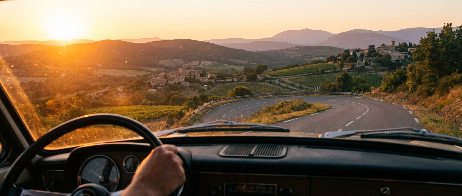 Vue depuis le volant d'une route sinueuse au coucher du soleil