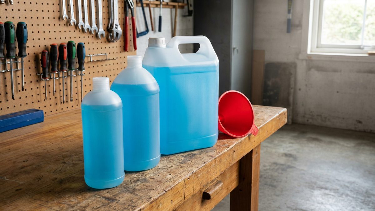 Bidons de liquide lave-glace bleu de 1, 2 et 5 litres posés sur un établi avec un entonnoir