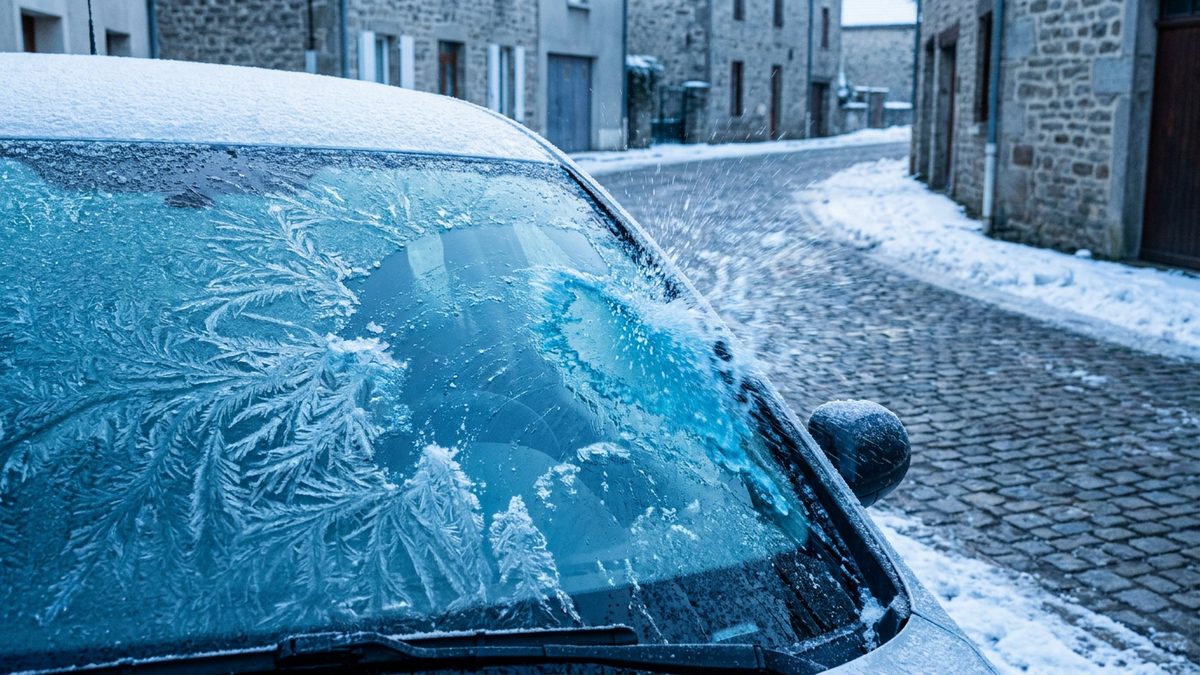 Pare-brise couvert de givre un matin d'hiver dans une rue de village enneigée