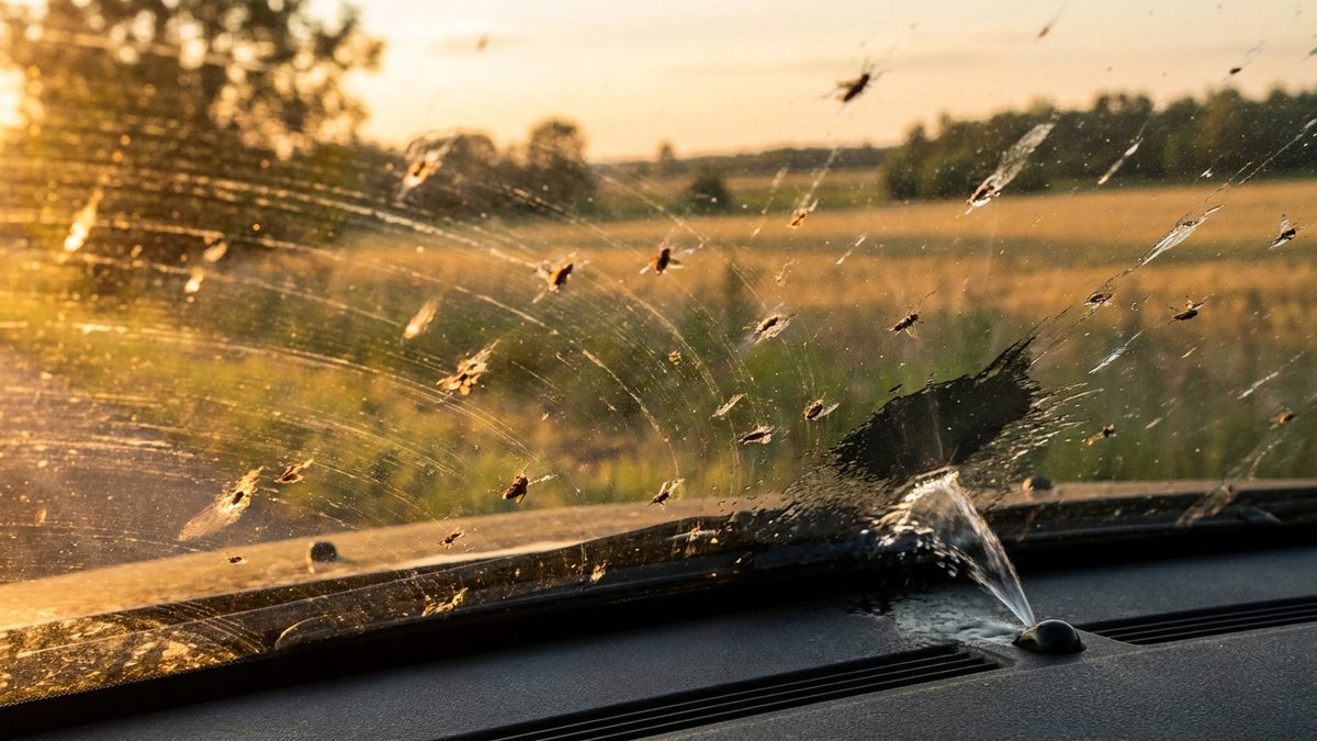 Pare-brise constellé d'insectes après un trajet d'été à la campagne, avec un jet de lave-glace
