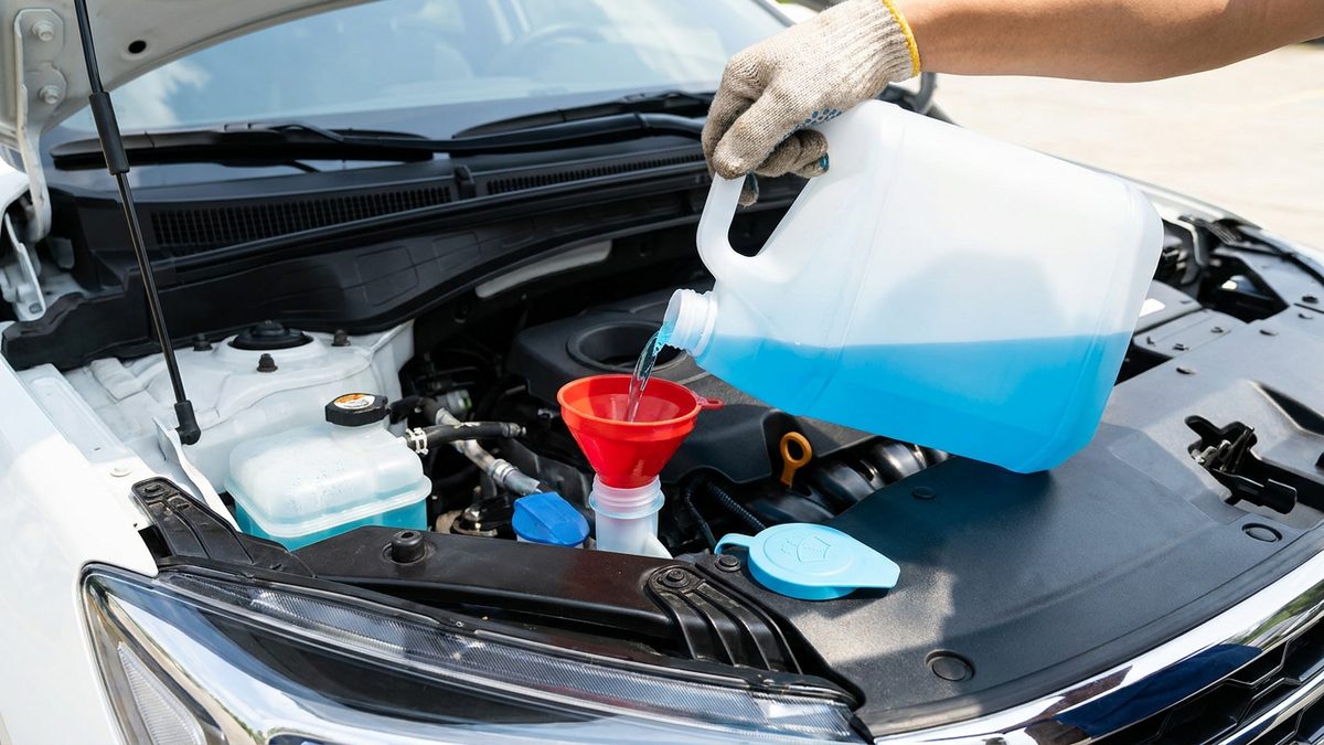 Remplissage du réservoir de lave-glace sous le capot avec un entonnoir, bouchon bleu clair retiré