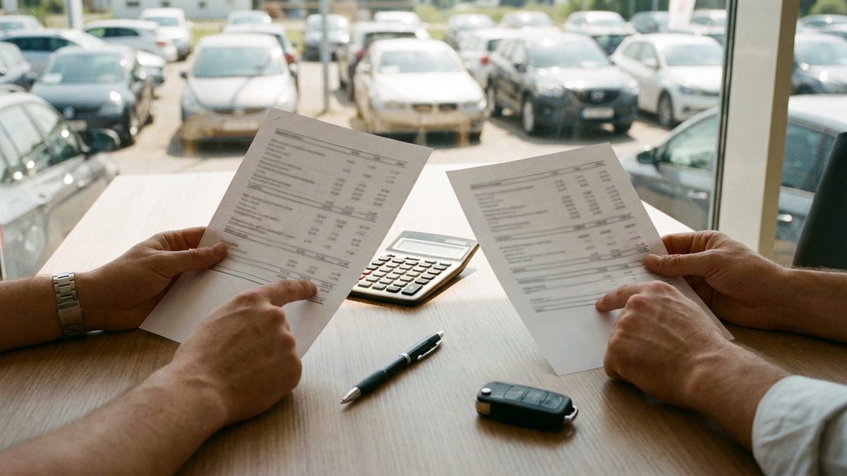Deux devis d'achat automobile comparés côte à côte sur un bureau, avec une calculatrice, un stylo et une clé de voiture
