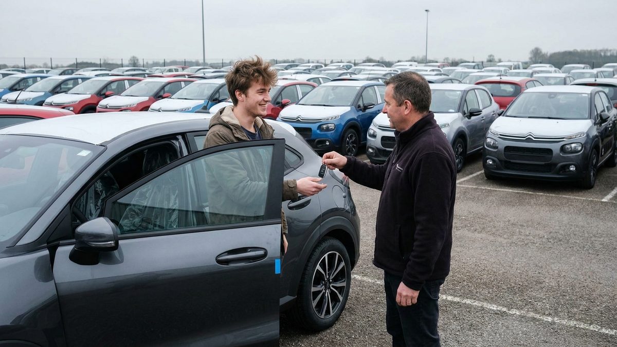 Un jeune conducteur reçoit les clés de sa voiture neuve sur un parc de livraison où attendent des dizaines de véhicules