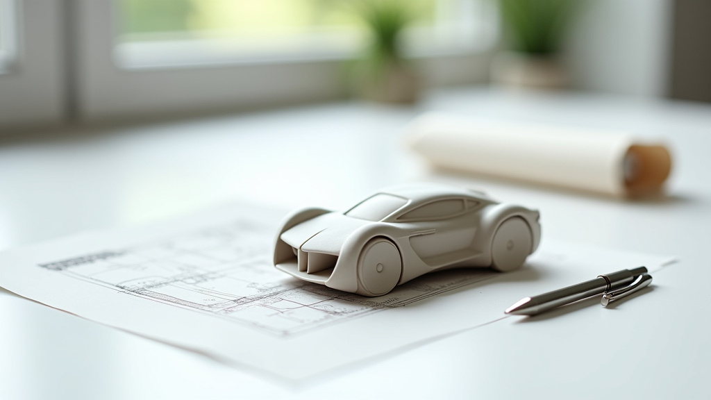 Designer automobile travaillant sur une maquette 3D avec tablette graphique dans un bureau de style moderne