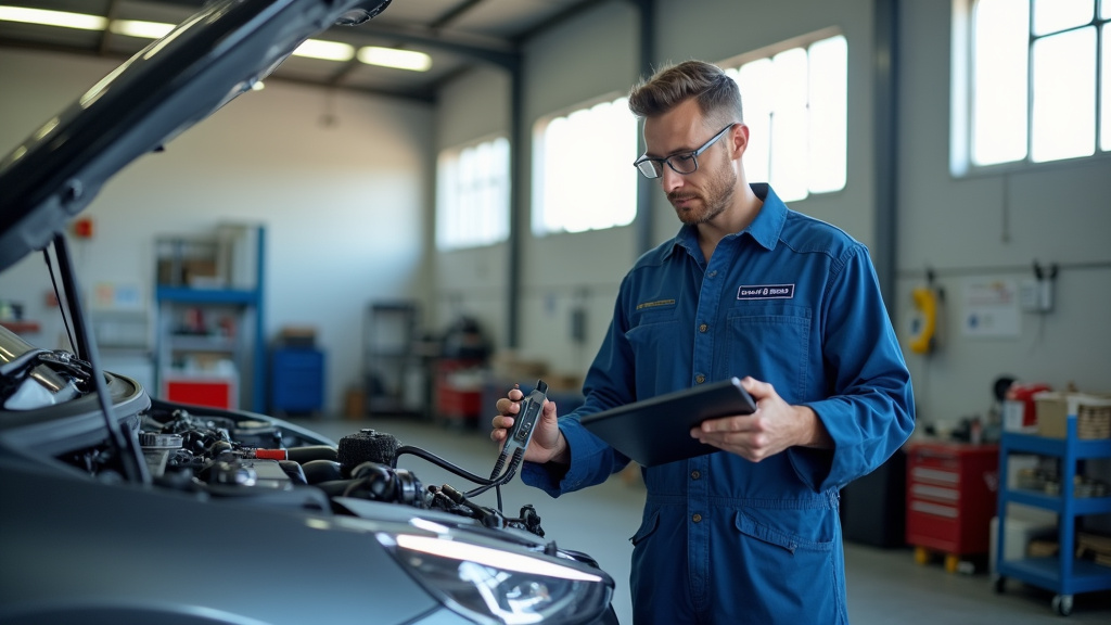 Technicien automobile travaillant sur un véhicule électrique dans un atelier moderne
