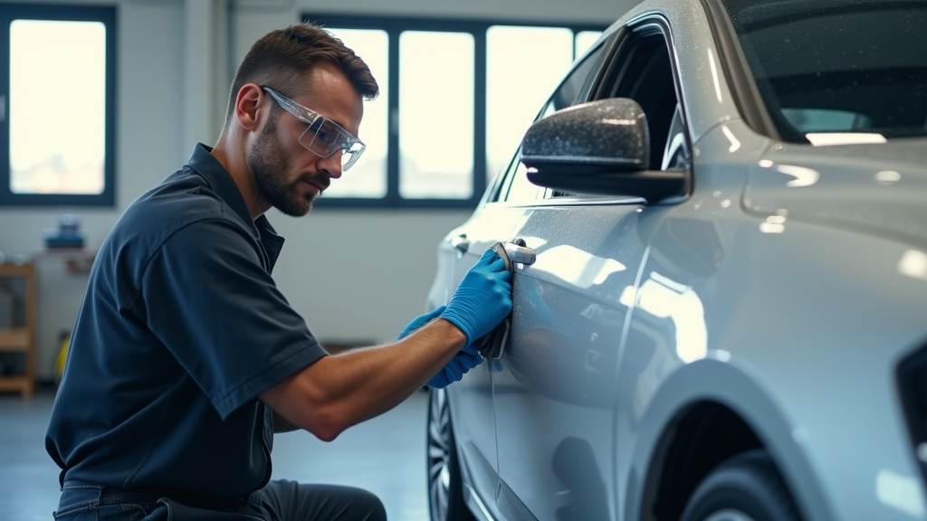 Outils de carrosserie professionnels sur un établi dans un atelier bien éclairé