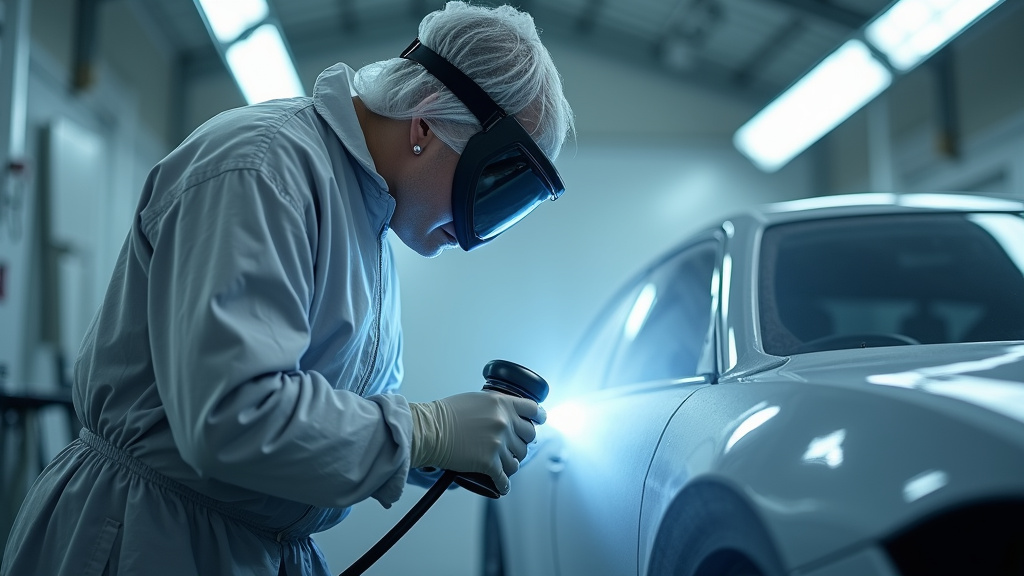 Apprenti peintre en carrosserie apprenant les techniques de base dans un atelier de formation