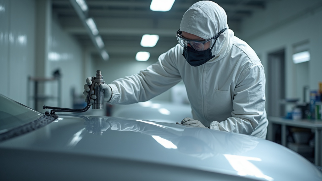 Peintre en carrosserie vérifiant la finition sur une voiture neuve dans un atelier moderne